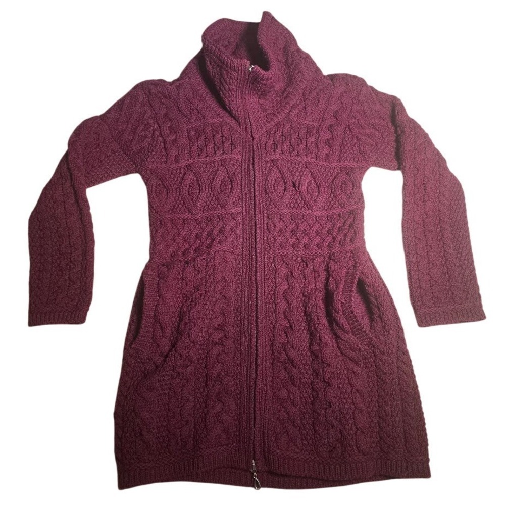 Aran Crafts Ireland Womens S Burgundy Merino Wool Cable Knit Zip Sweater coat